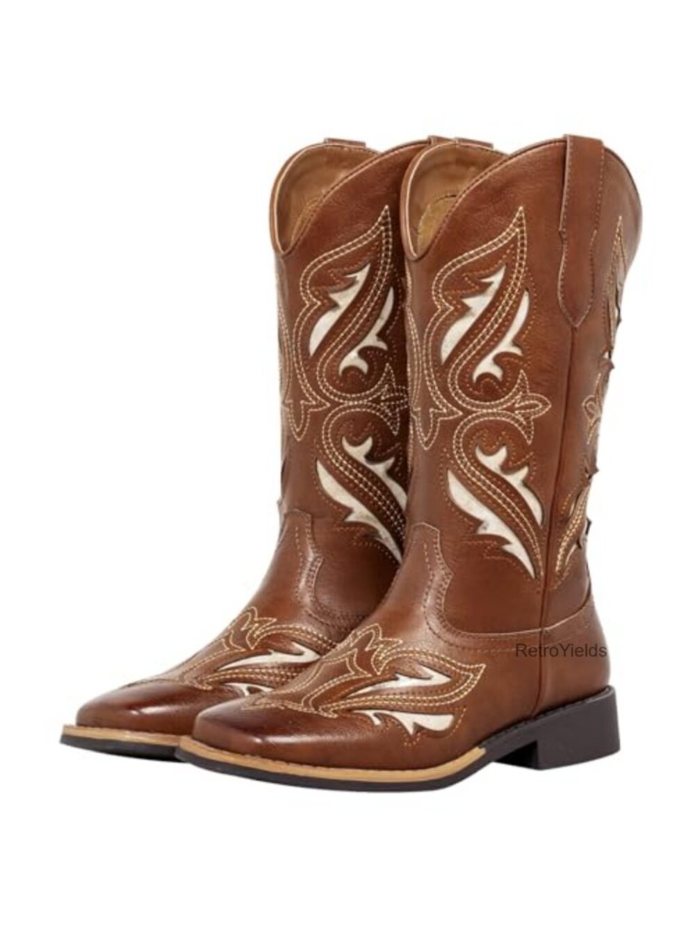 Essentials Women's Square Toe Western Cowboy Boots Cutout Mid-Calf Block Heel